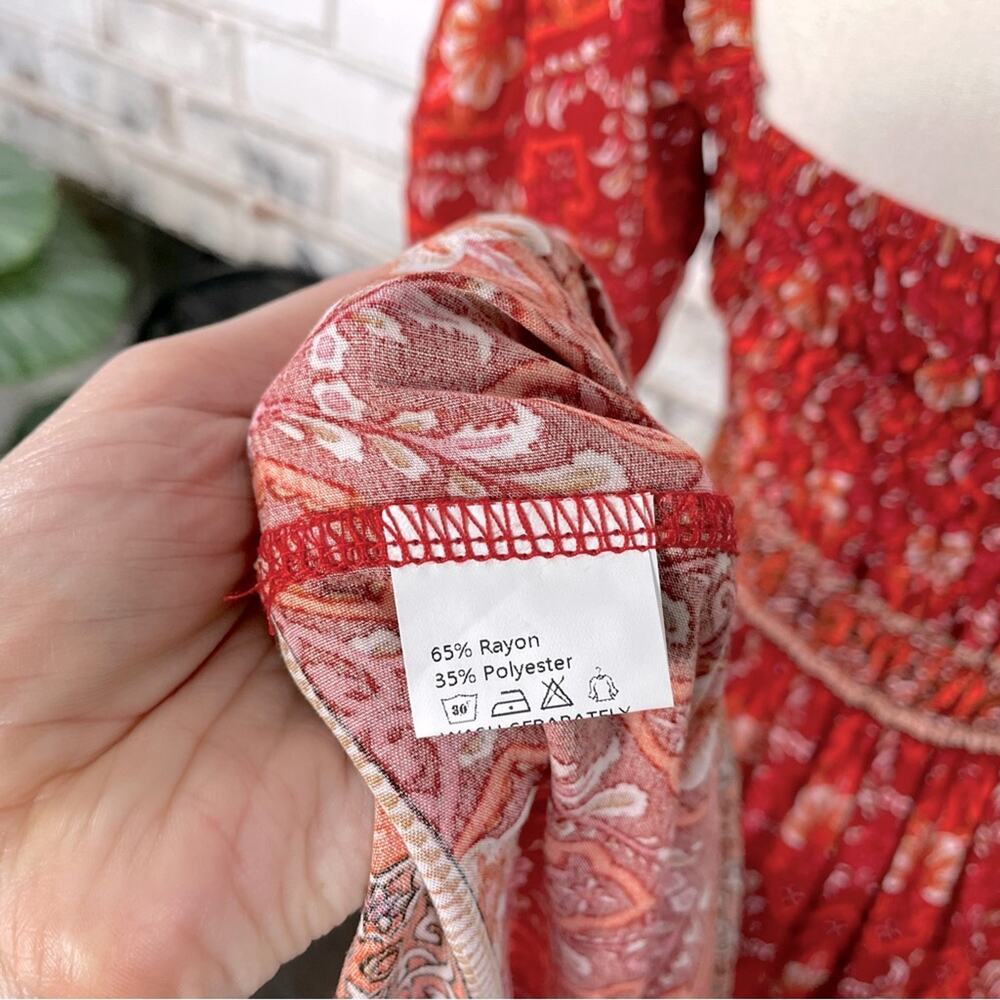 Red Bright Boho Floral Puff Shoulder Smocked Top Ruffle Hem Midi Dress L - Picture 8 of 9